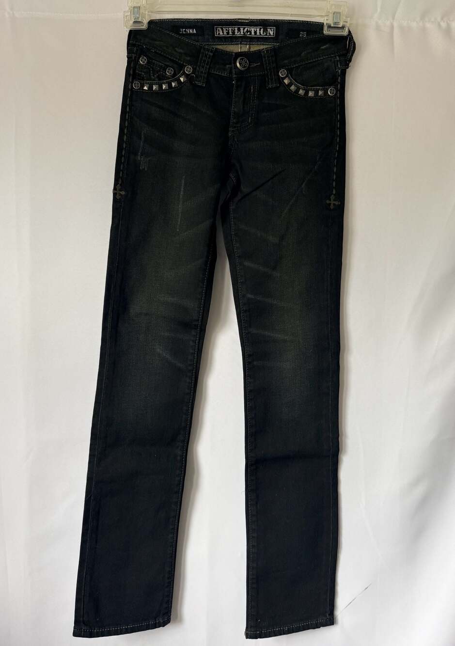NWOT Affliction Jenna Black Studded Straight Leg Jeans Size 25 Y2K Cyber Grunge